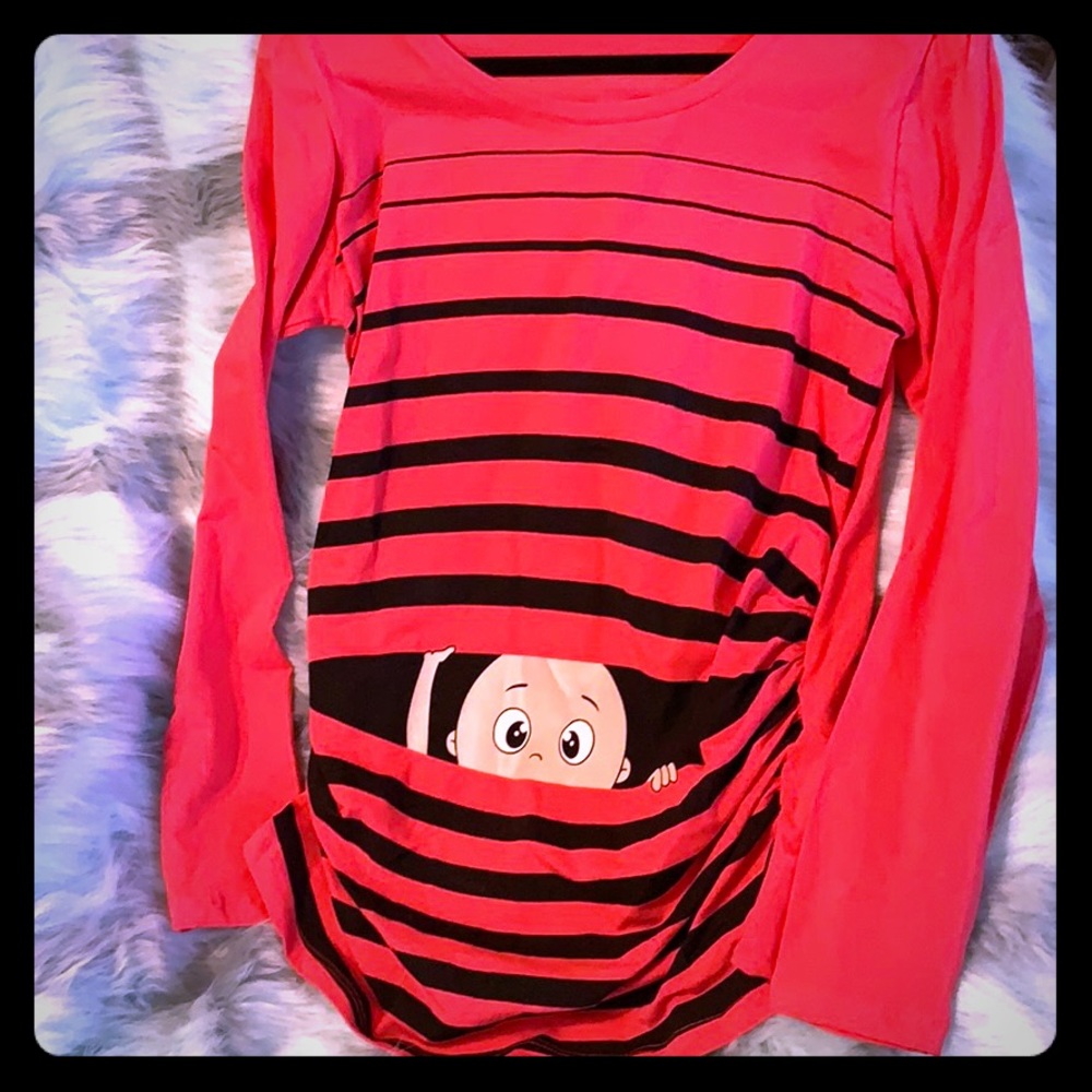Coral Blush and black maternity shirt
